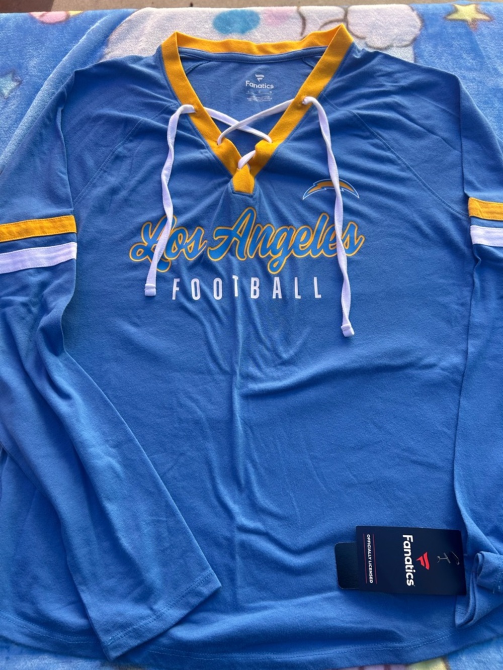 Bolt up!!Fanatics Los Angeles Chargers Football Lace-Up Long Sleeve Top